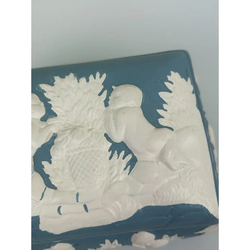 Vintage 1970s Hand Painted Ceramic Lidded Trinket Box Cherubs Angels Blue White
